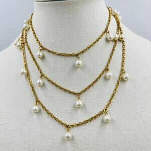 Tammey Jewels Gold Tone Faux Pearl Cha Cha Necklace Long Versatile Classic